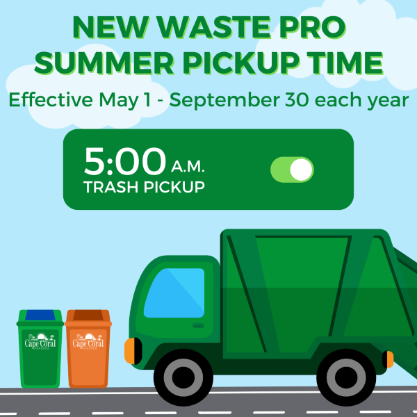 Flyer for new waste pro summer pickup time, moving to 5am effective may 1 to september 30